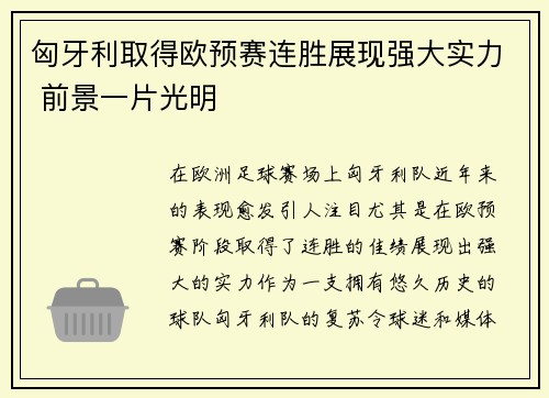 匈牙利取得欧预赛连胜展现强大实力 前景一片光明
