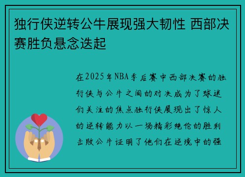 独行侠逆转公牛展现强大韧性 西部决赛胜负悬念迭起